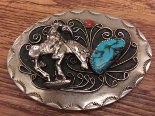 Vintage Navajo Indian Silver Turquoise Coral Belt Buckle Signed Bear Claw Stamp