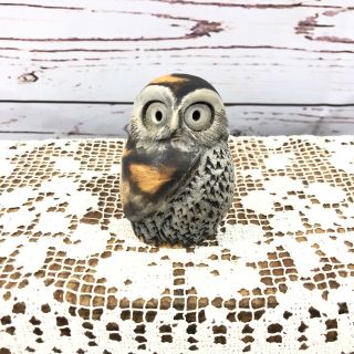 Vintage Carved Owl Bird Hand Painted Statue Figurine Brown Tan Gray