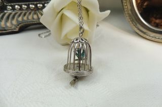 Enamel Bird In A Gilded Cage Pendant Chain 47cm Vintage