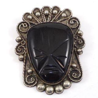 Large Vtg Early Taxco Sterling Silver Carved Black Onyx Mask Face Pin Lfl3