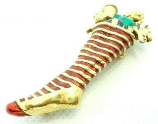 Vintage 1970s Mma Brooch Lapel Pin Christmas Stocking Red Green Enamel Gold Tone