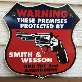 Vintage Smith & Wesson Protected By Porcelain Ammo Warning Sign Bullets