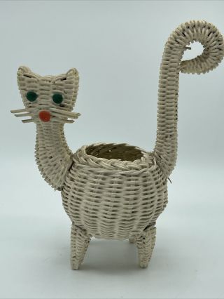 Vintage Wicker Cat Basket With Tail Handle Green Eyes Mcm Planter