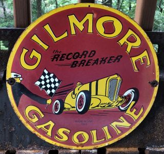 Vintage Gilmore Record Breaker Gasoline Gas Oil 12” Porcelain Sign