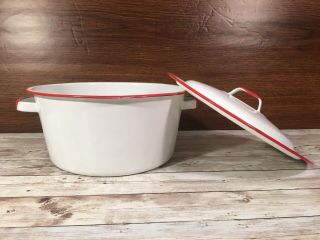 Vintage Enamel Red And White Wide Pot With Lid With Handles