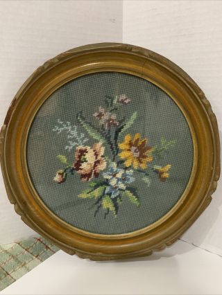 Floral Needlepoint Completed Carved Wood Frame Vintage 12.  5” Diameter Round 1952
