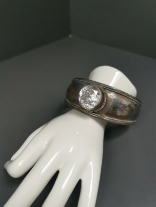 Vintage Solid Sterling Silver Bangle Bracelet With Large 20mm Clear Gemstone