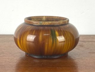 Vintage Mchugh Tasmania Pottery Yellow & Brown Drip Glaze Squat Vase