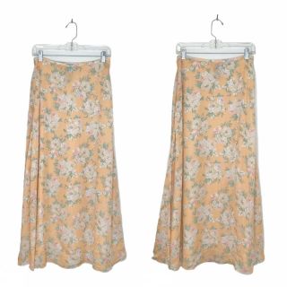 Lauren Ralph Lauren Peach Floral Silk Maxi Skirt Size 4 Vintage