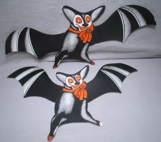 2 Vintage Japan Halloween Die Cut Bat Decorations W/ Moveable Wings
