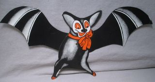 2 Vintage Japan Halloween Die Cut Bat Decorations w/ Moveable Wings 3