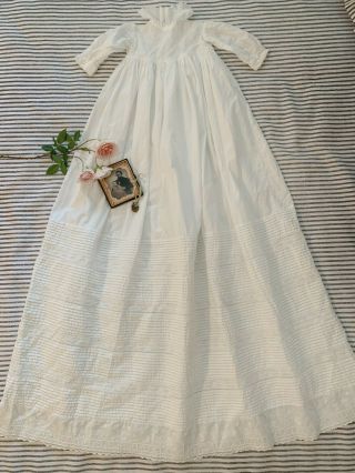 Antique Victorian Christening Gown Dress - Floral Eyelet - High Lace Collar - Pin Tuck