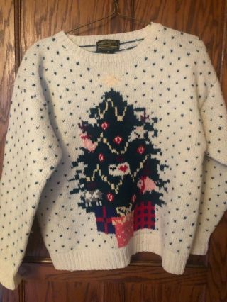 Vintage Eddie Bauer Wool Christmas Tree Sweater Pullover Crew Neck Womens Medium