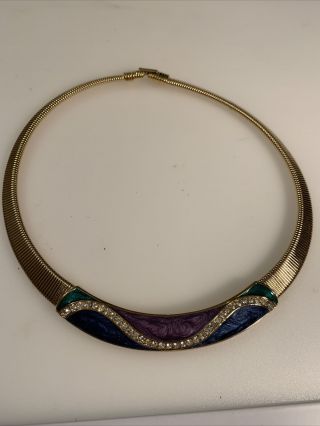 Vtg.  Trifari Signed Purple,  Green & Blue Enameled Gold Tone Necklace