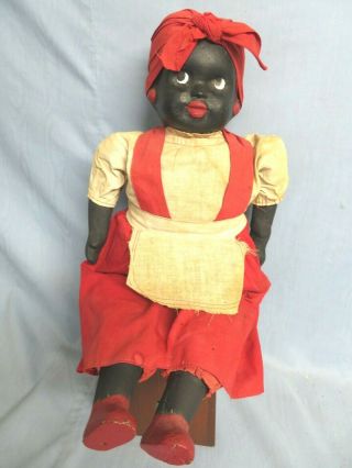 Antique Vintage 17 " African American Black Doll Composition Folk Art Straw Fill