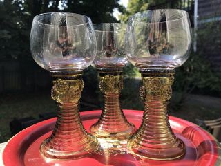 3 Vtg German Roemer Wine Glasses Raspberry Prunts Green Beehive Stem Goblets