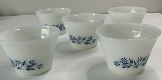 Set Of 5 Vintage Dynaware Milk Glass Custard Cups Ramekins Blue Daisy Pattern