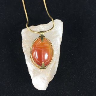 Vintage Sterling Silver Carnelian Scarab Beetle Pendant Gold Toned 18 " Chain 925