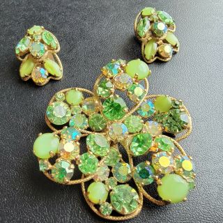 Signed Regency Vtg Lime Green Glass Ab Rhinestone Flower Brooch Earrings Set 208