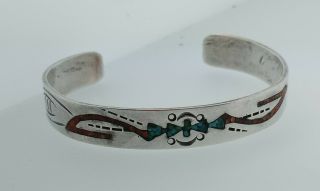 Vintage Sterling Silver Cuff Bracelet Turquoise Coral Chip Inlay Navajo Design