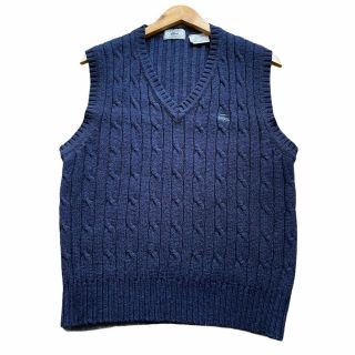 Izod Lacoste Vintage Wool Sweater Vest Cable Knit Navy Blue Size Medium