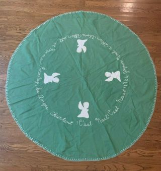 Vintage 1956 French Embroidered Christmas Angels 60 " Green Round Tablecloth