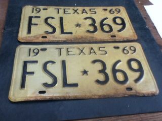 License Plate Tag Vintage Texas 1969 Matching Pair Fsl 369 Rough Rustic Usa