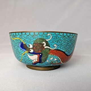 Antique Chinese Blue Cloisonne Enamelled Bowl With Dragon
