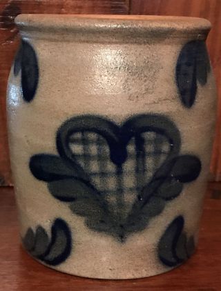 Vintage 1992 Beaumont Pottery Salt Glaze Blue Plaid Heart Stoneware Crock
