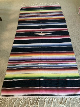 Vintage Mexican Saltillo Fine Weave Wool Blanket Rug With Fringe Estate Find