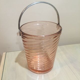 Vintage Pink Depression Glass Ice Bucket Stainless Handle -