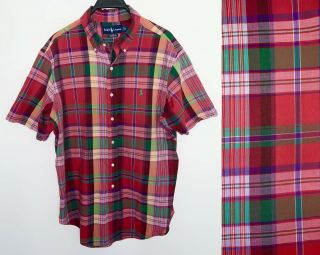 Vintage 1990s Polo Ralph Lauren Mens Madras Short Sleeve Shirt Plaid Red Large