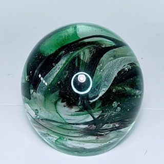 Vintage Green Black White Swirl Art Glass Globe Paperweight 3.  75 " X 3.  75 "
