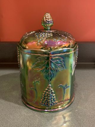 9 " Vtg Indiana Iridescent Carnival Glass Canister Cookie Jar Harvest Grape Green