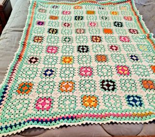 Vintage Granny Square Afghan Crochet Blanket Throw Handmade 46 " X 63 "