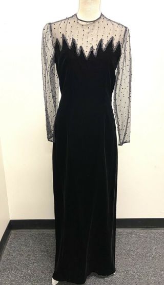 Victoria Royal Ltd.  Black Velvet Maxi Gown W/ Beaded Sheer Top Vintage Sz.  12