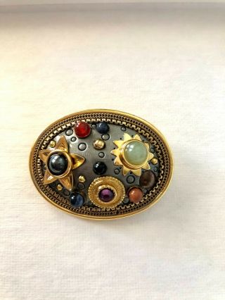Michal Golan Signed Vintage Brooch Pin Multi Colored Stones Gold Tone