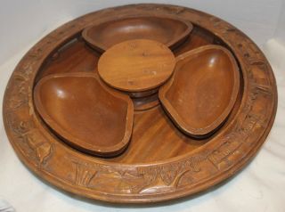 Vintage Hand Carved Wooden Lazy Susan Tray Center Piece Islands Tiki