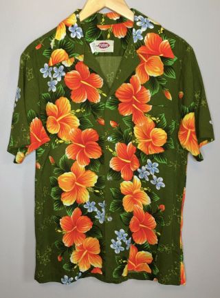 Men’s Vintage 1960’s Green Orange Floral Button Front Hawaiian Shirt Size Med