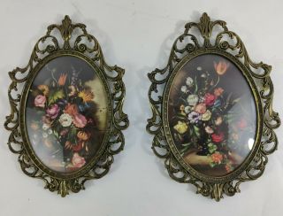 Vintage Set Floral Flowers Print Oval Metal Ornate Scroll Picture Frame Italy