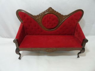 Vintage Doll Victorian Settee Couch Sofa Red Velvet 15 " Long