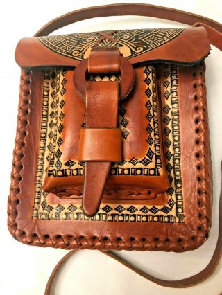 Vintage Tooled Leather Crossbody Bag Brown Aztec Mexico Cigarette Or Phone Pouch