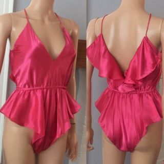 Vintage Pink Liquid Satin Victorias Secret Teddy Romper Bodysuit Sz M