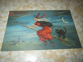Vintage Halloween Postcard Tucks Witch On Broom Black Cat Series 150
