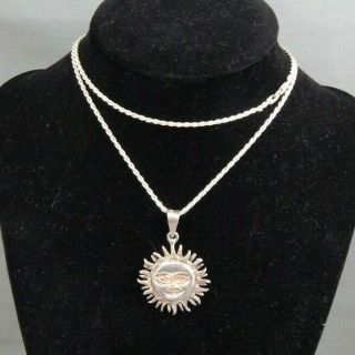 Vintage Taxco Mexico Sterling Silver Smiling Sun Face Pendant Necklace 23 "