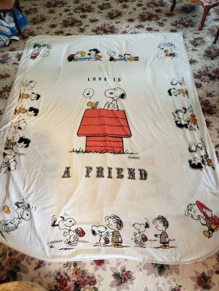 Vintage Snoopy Peanuts " Love Is A Friend " Twin Bedspread Plus Sheet