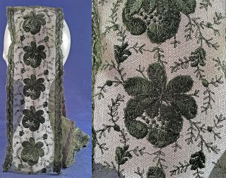 Vintage Edwardian Green Net Silk Embroidered Lace Dress Trim Yardage