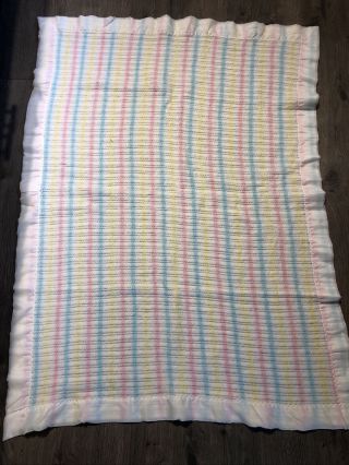 Vintage Baby Blanket Acrylic Open Weave White Pastel Stripes Nylon Trim