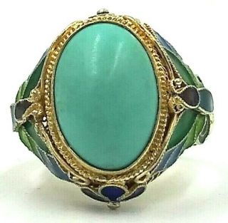 Vintage Chinese Sterling Silver Enamel Filigree Turquoise Ring Adjustable Size
