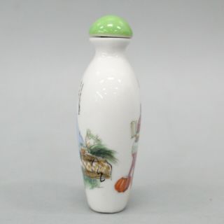 Chinese Hand - Painted Porcelain Green Lid Vintage Perfume Snuff Bottle Small 2
